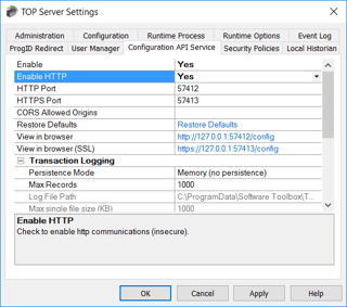 TOP Server V6 Config API Settings